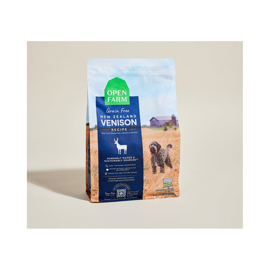 Open Farm Grain Free New Zealand Venison Recipe bag standing at an angle on a neutral surface
