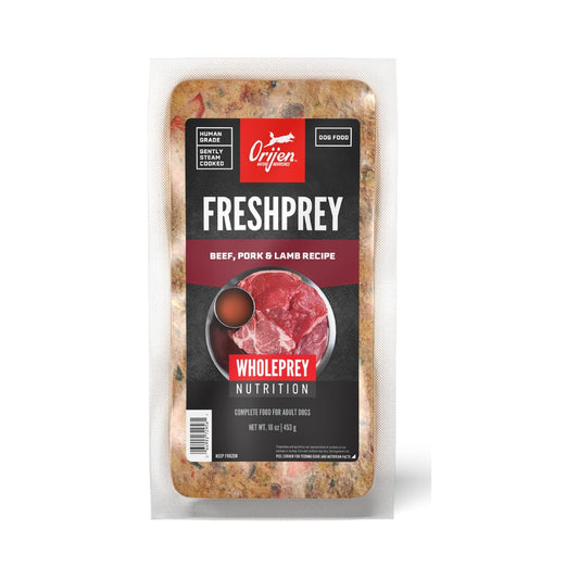 ORIJEN FreshPrey Beef, Pork & Lamb Recipe 16 oz frozen dog food pouch, showing the burgundy front label and food through the clear packaging.