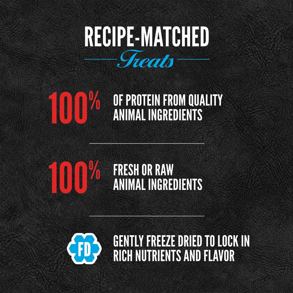 Recipe matched treats, 100% of protein from quality animal ingredients.