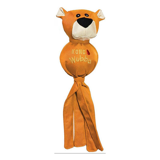 Orange panther KONG Wubba Ballistic Friend dog toy with a rounded body and long fabric tails.