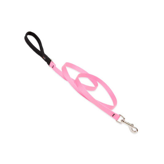 Pink Lupine Pet leash with a black padded handle and small silver snap, arranged in loops on a white background.