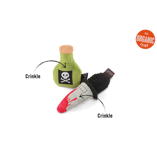 Cat catnip toys in the shape of a potion bottle and a knife with crinkle sounds.