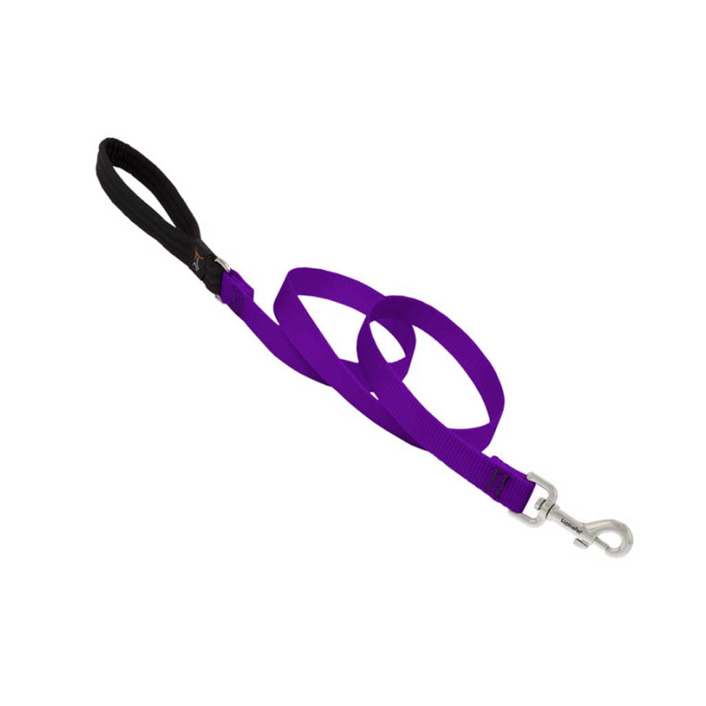 Lupine Pet purple nylon leash showing its black padded handle, reinforced stitching, and silver swivel snap.