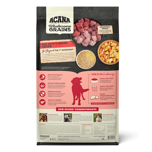 Back of ACANA Wholesome Grains Red Meat Recipe dog food bag, showing ingredients, nutrition information, and feeding guidance.