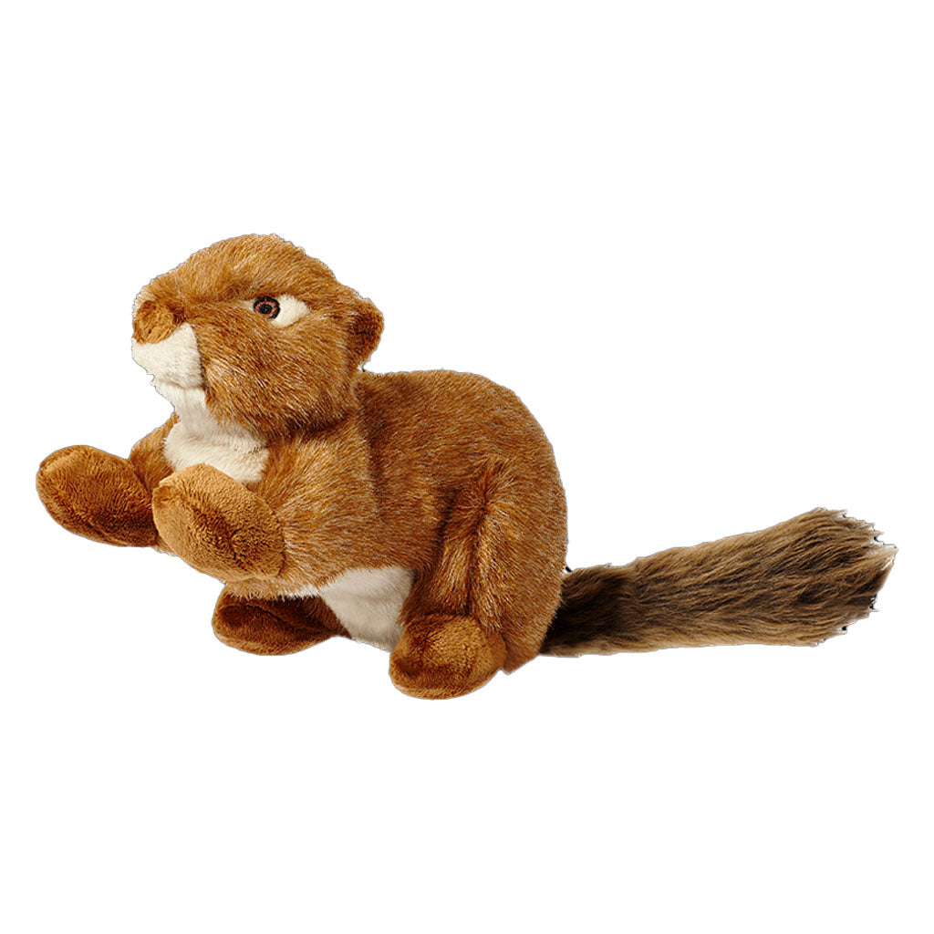 Fluff & Tuff Red Squirrel Squeakerless plush dog toy sitting upright with raised front paws and its bushy tail extending to the side.