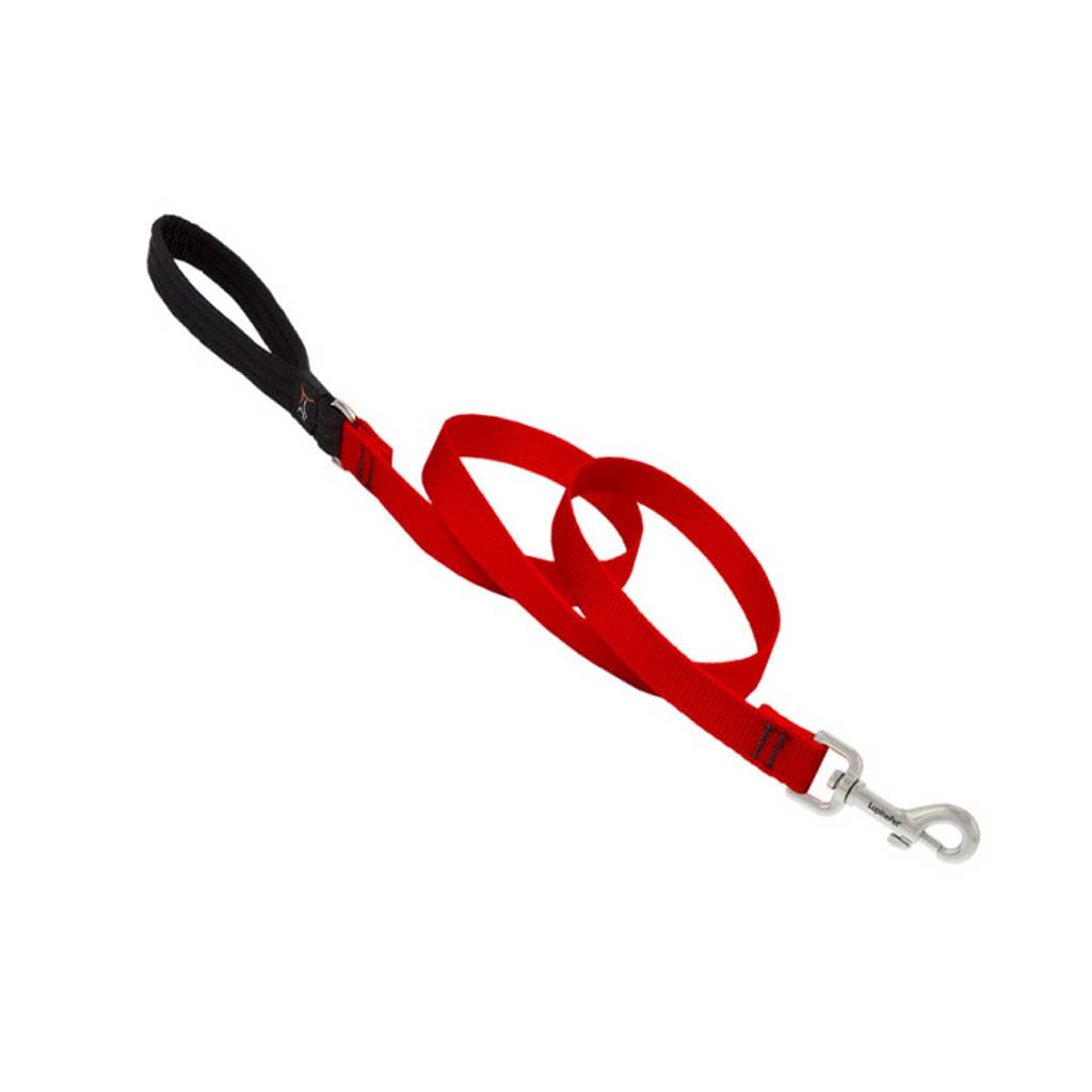 Lupine Pet red nylon leash showing its black padded handle, reinforced stitching, and silver swivel snap.