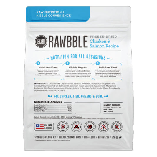 Back of BIXBI RAWBBLE Chicken & Salmon Recipe freeze-dried dog food bag, showing ingredients, guaranteed analysis, and food, topper, and treat uses.
