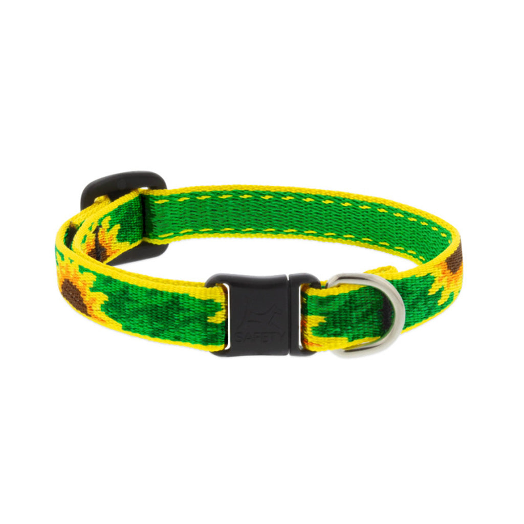 Lupine Pet Sunflowers breakaway cat collar with yellow sunflowers on green nylon, a black safety buckle, and metal identification ring.