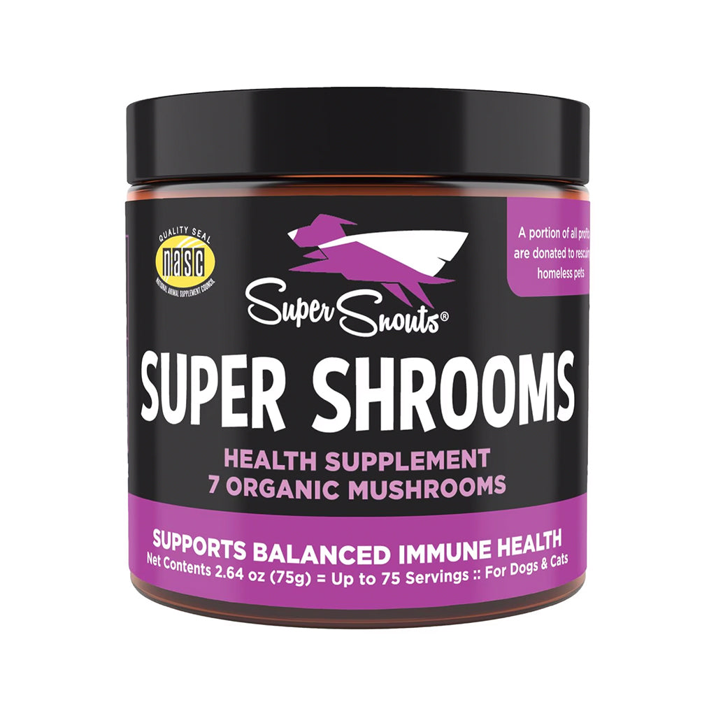 Super Snouts Super Shrooms 2.64 oz jar with a black lid and purple label for its seven-organic-mushroom supplement for dogs and cats, on white.