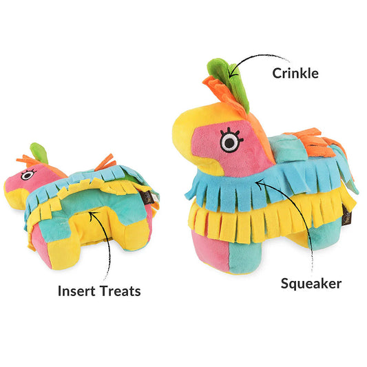 P.L.A.Y. Fiesta Fetch Piñata toy diagram showing the treat pocket, squeaker, and crinkle material.