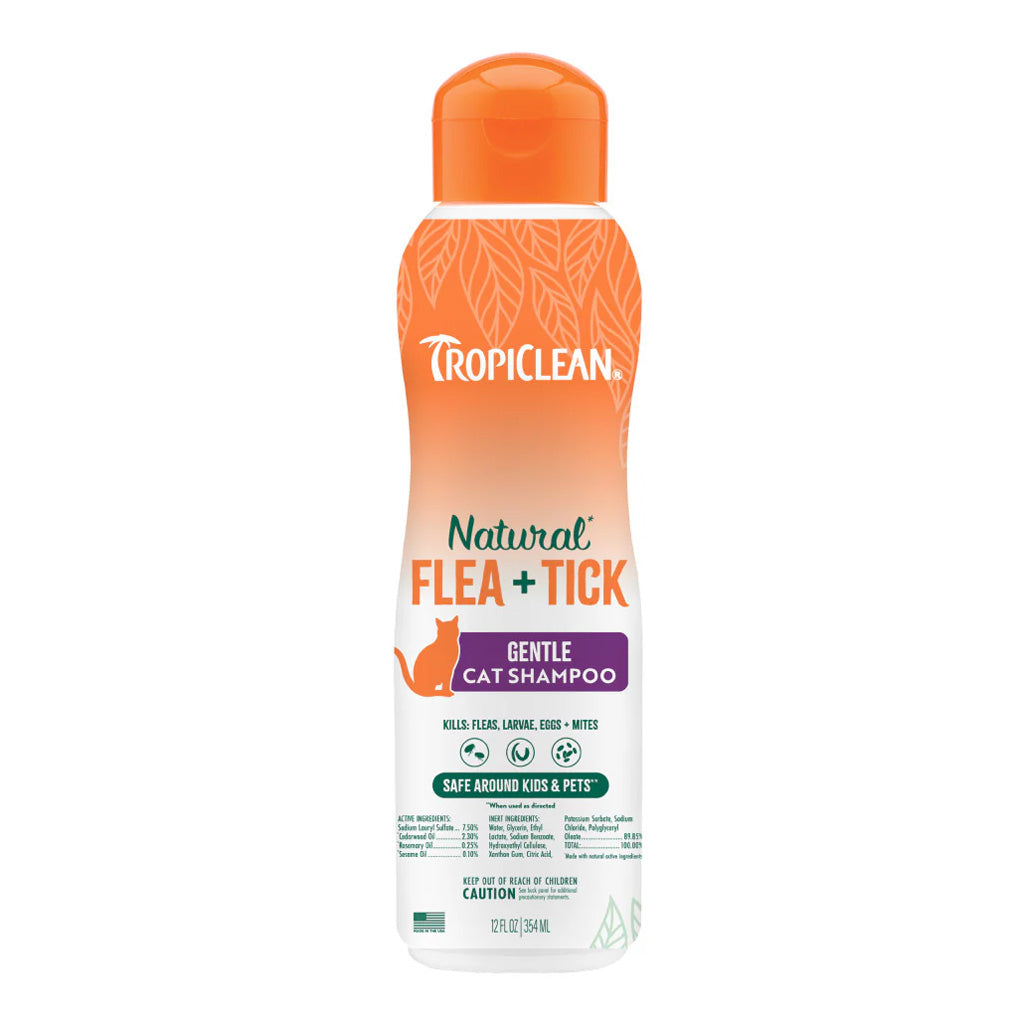 Tropiclean Natural Flea + Tick Gentle Cat Shampoo Kills Fleas, Larvae, Eggs and Mites. Safe Around Kids and Pets. 12 fl oz.