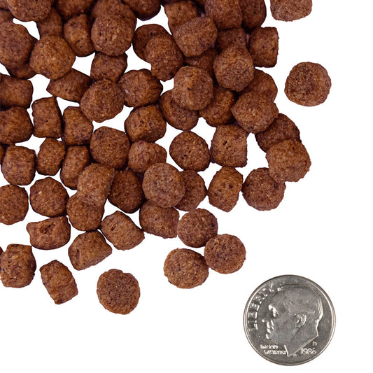 Fromm Nutritionals Digestive Support Low Fat chicken and oatmeal kibble beside a coin for size comparison