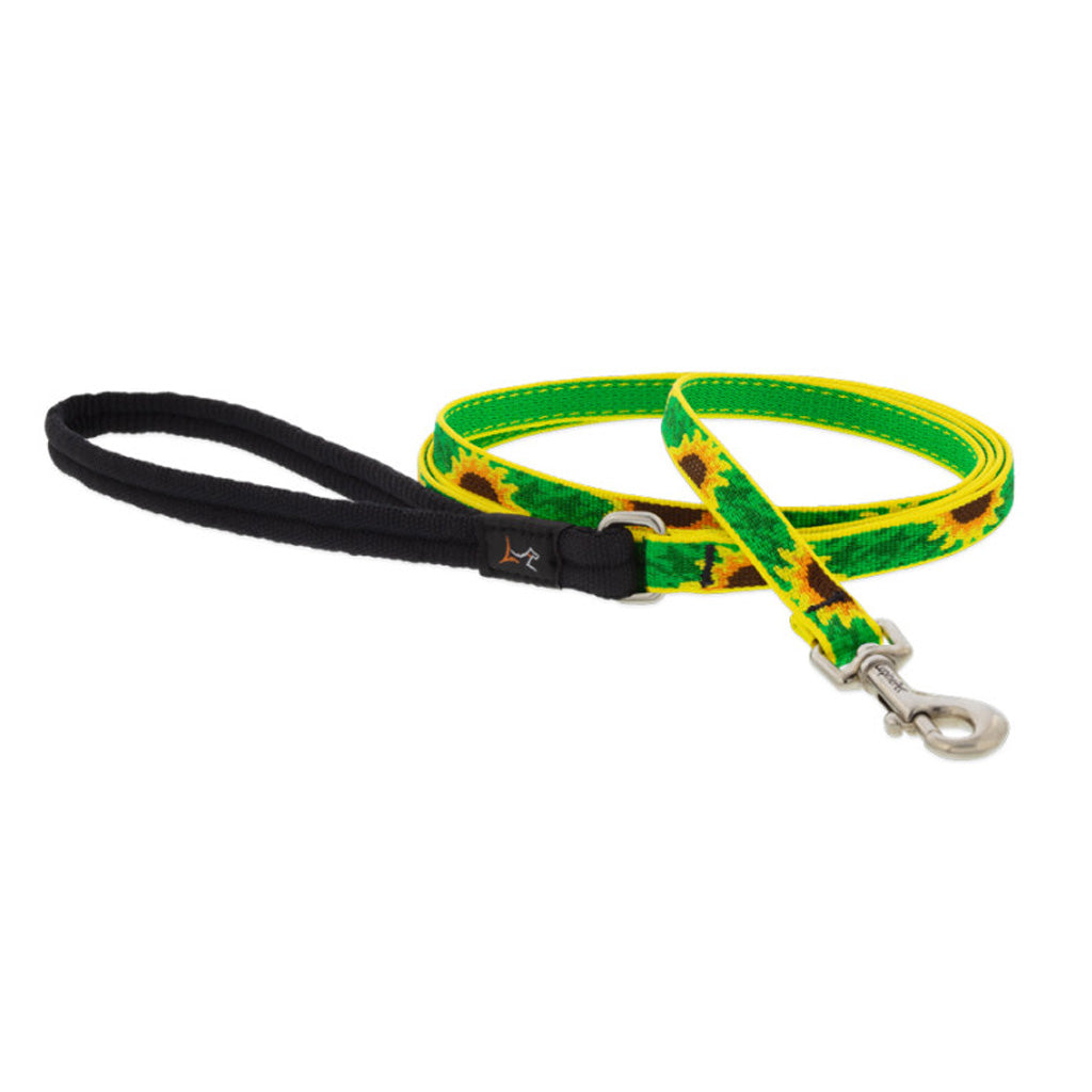 Lupine Pet Sunflowers leash with a green and yellow sunflower pattern, black padded handle, and silver swivel snap.