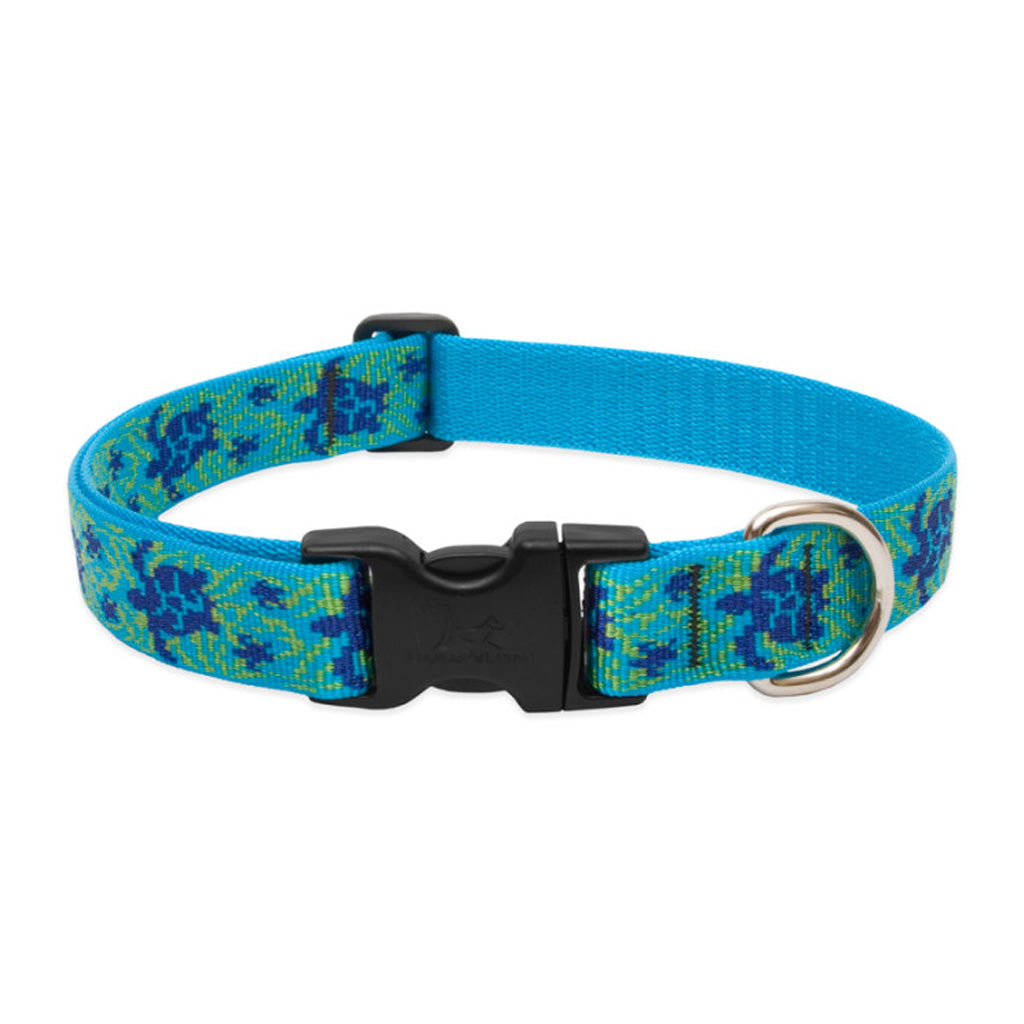 Lupine Pet Turtle Reef dog collar with a blue and green turtle pattern, black buckle, and metal D-ring.