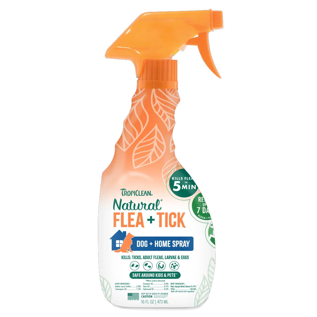 16oz Tropiclean Natural Fleak&Tick Dog+Home Spray. Kills Ticks , Fleas, Larvae & eggs in 5 minutes. Safe around kids and pets.