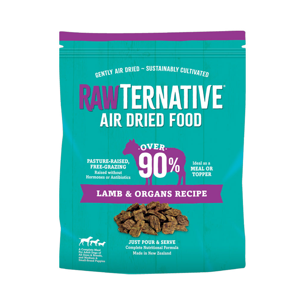 RawTernative Lamb & Organs Recipe air-dried dog food bag with a turquoise pouch and purple label on a white background.