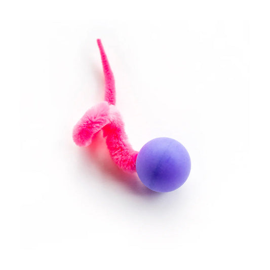 Dezi & Roo Wiggly Pong cat toy with a purple ball and curled bright pink fuzzy tail.