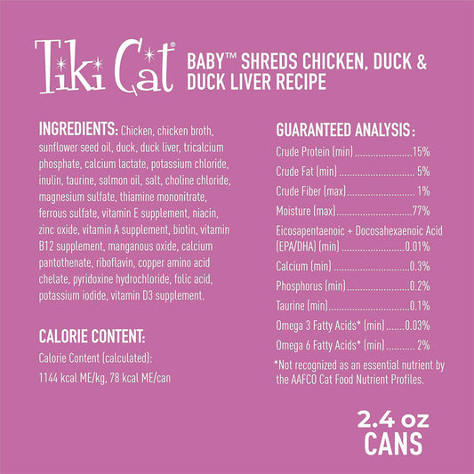 Baby Chicken, Duck, & Duck Liver Shreds Grain-Free Wet Kitten Food 2.4oz ingredients list.