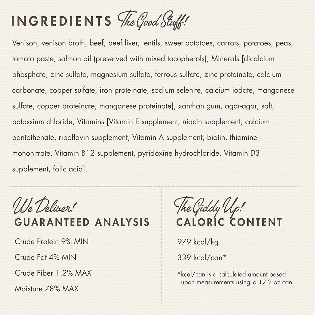Fromm Venison & Lentil Pâté ingredients, guaranteed analysis and calorie information: 339 kcal per 12.2 oz can