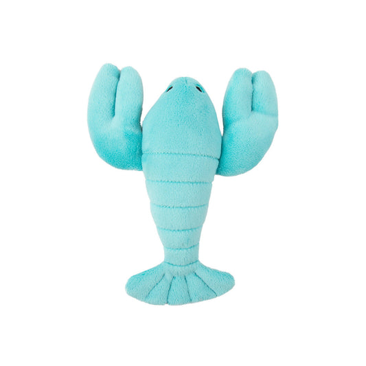 Overhead view of Fluff & Tuff Rachel Mini Lobster plush dog toy showing its turquoise claws, segmented body and fan-shaped tail.