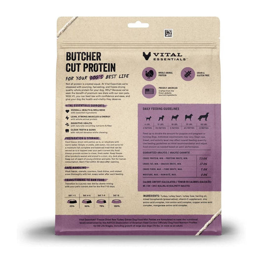 Freeze-Dried Raw Turkey Mini Patties Dog Food 14oz back of bag.