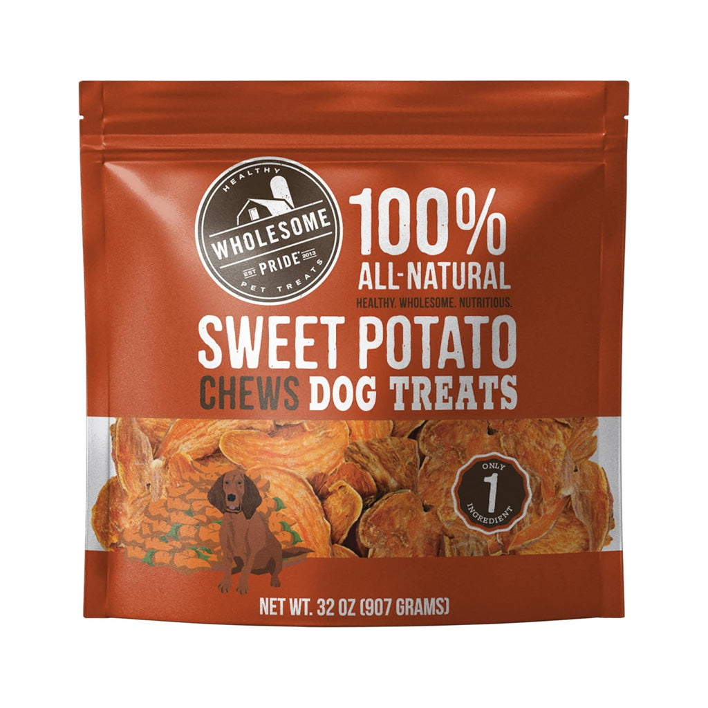 Wholesome Pride 100% Sweet Potato Chews dog treats in a 32-ounce orange resealable bag, with dried sweet potato slices visible through the window.
