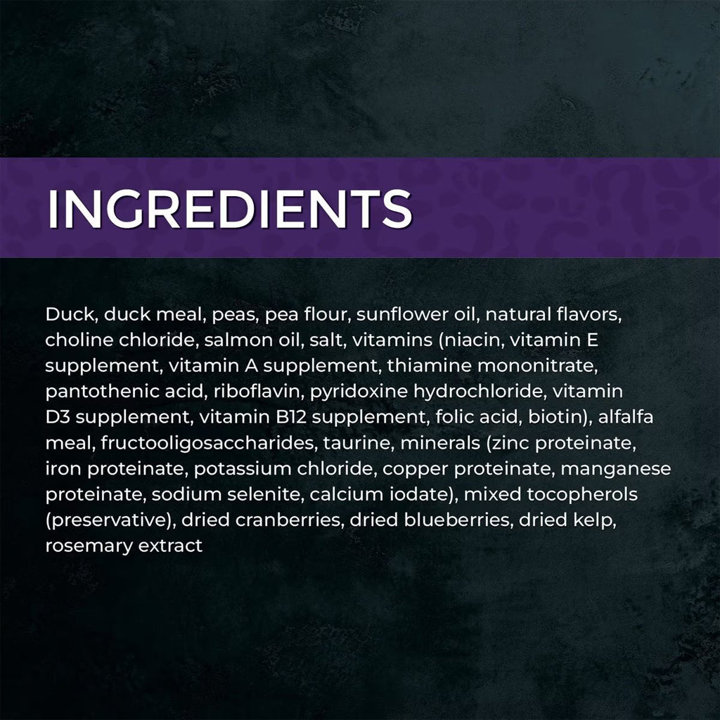 Fussie Cat Market Fresh Duck Recipe ingredient panel listing duck, duck meal, peas, pea flour, sunflower oil and salmon oil