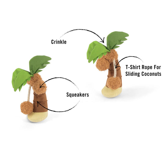 Tropical Paradise Puppy Palm Plush Toy showing Crinkle palm fronds, Squeakers inside, and T-shirt rope for sliding coconuts