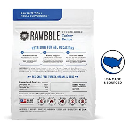 Back of BIXBI RAWBBLE Turkey Recipe freeze-dried dog food bag, showing ingredients and guaranteed analysis beside a USA made and sourced badge.