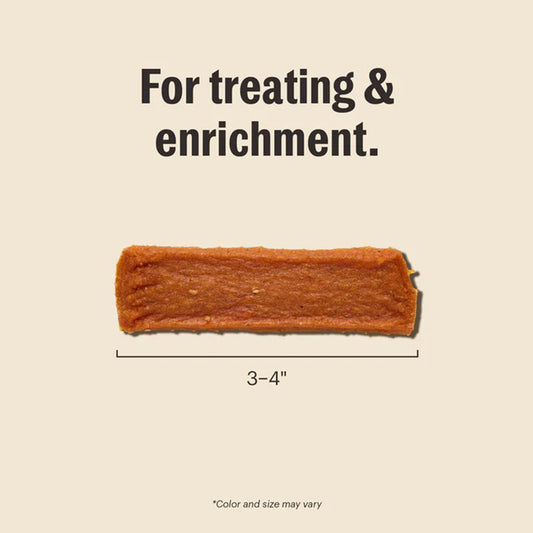For treating and enrichment. Chicken Jerky single. Size 3-4 inches, color and size may vary