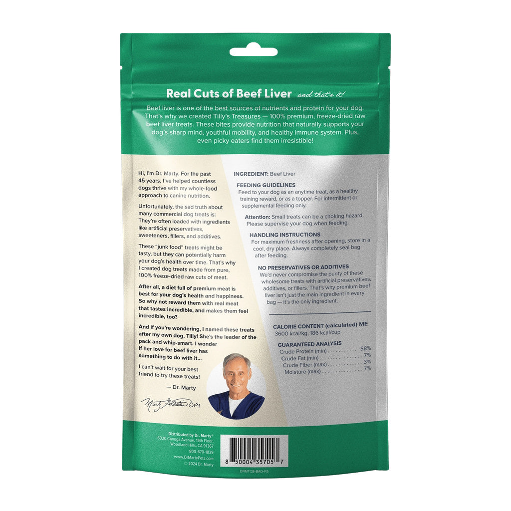 Back of Dr. Marty Tilly’s Treasures beef liver dog treat bag showing ingredients, feeding guidelines, handling instructions, and guaranteed analysis.
