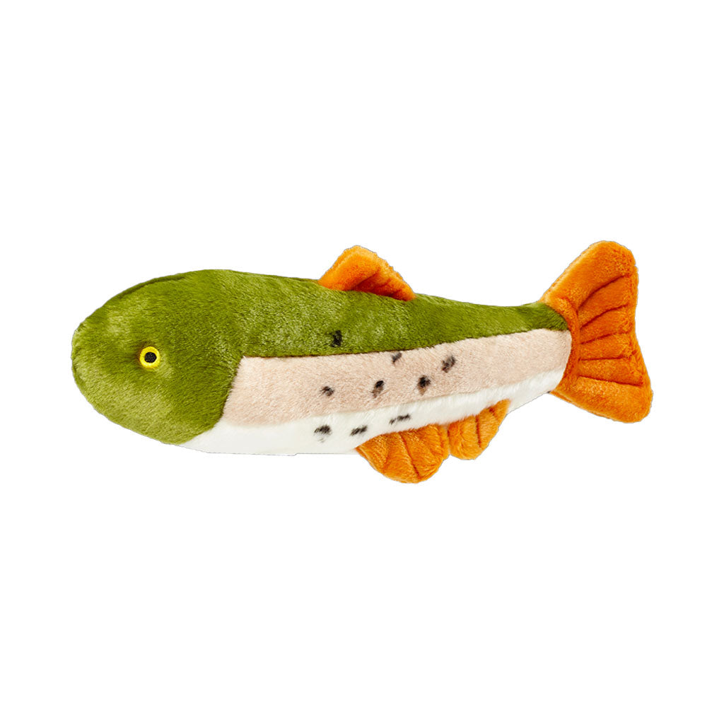 Side profile of Fluff & Tuff Ruby Rainbow Trout plush dog toy showing its spotted sides and orange tail and fins.