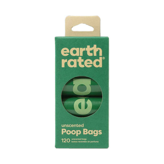 Front of Earth Rated unscented dog poop bags, 120-count green box with rolls visible through the window