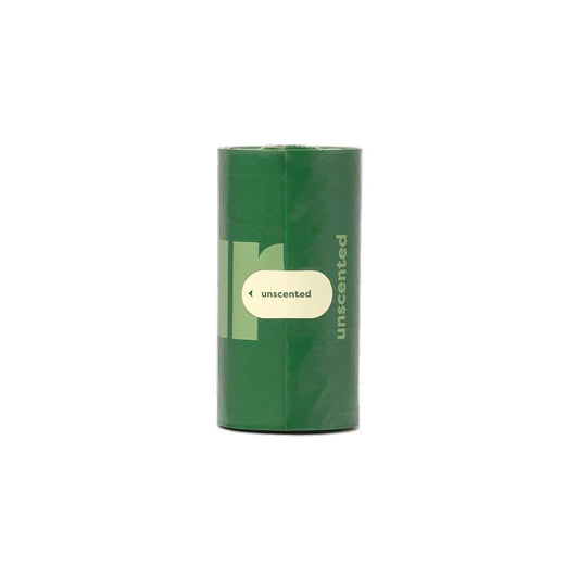 Green roll of Earth Rated unscented dog poop bags on a white background