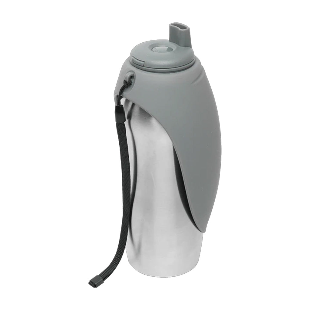 Messy Mutts stainless steel travel water bottle with a folded gray silicone drinking bowl, gray cap, and black carrying strap.