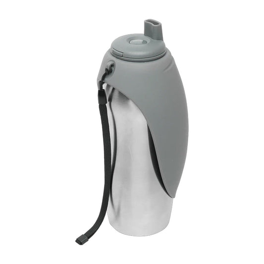 Messy Mutts stainless steel travel water bottle with a folded gray silicone drinking bowl, gray cap, and black carrying strap.