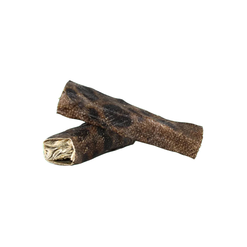 Two Gunni’s wolffish chewy sticks with mottled fish skin on a white background