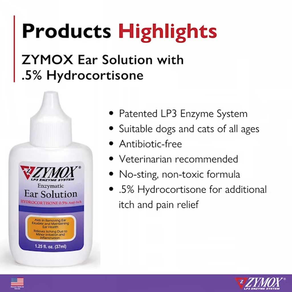 Enzymatic Ear Solution 1.25oz product highlights. Patented lp3 enzyme system, suitable for dogs and cats, antibiotic free , vet recommended, no sting non toxic.