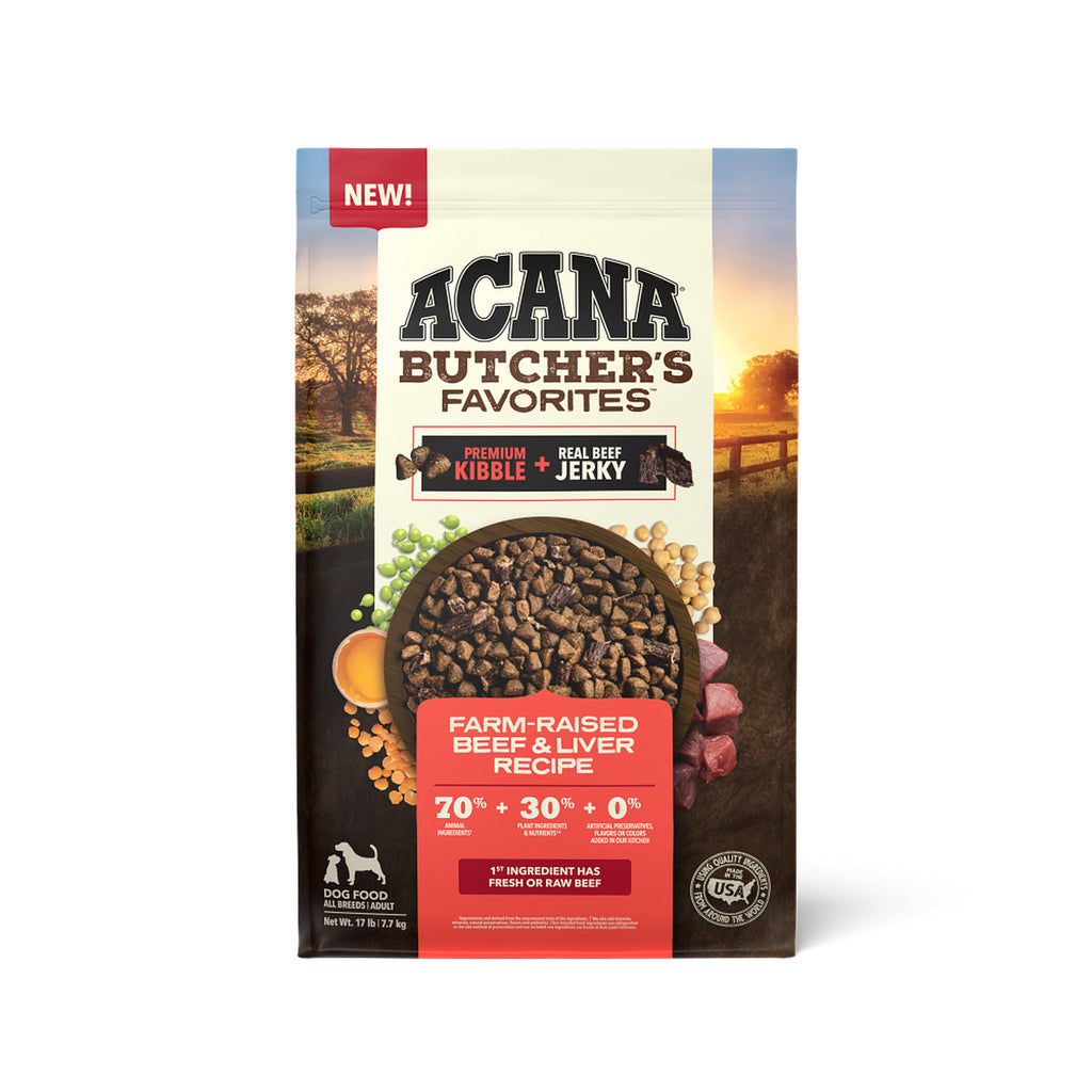 Front of ACANA Butcher’s Favorites Farm-Raised Beef & Liver Recipe dog food bag, featuring kibble with beef jerky.