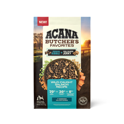 Front of ACANA Butcher’s Favorites Wild-Caught Salmon Recipe dog food bag, featuring kibble with salmon jerky.