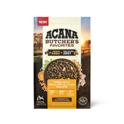 Front of ACANA Butcher’s Favorites Free-Run Poultry & Liver Recipe dog food bag, featuring kibble with chicken jerky.