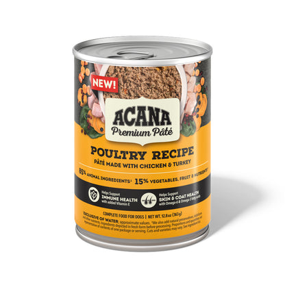 Front of a 12.8 oz can of ACANA Classics Poultry Recipe pâté wet dog food with a yellow label.