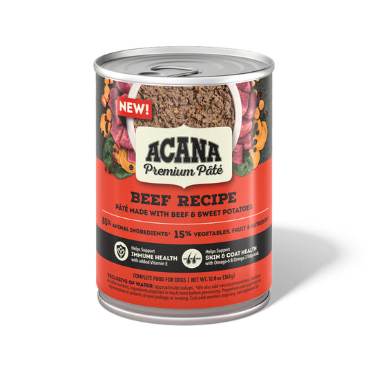 Front of a 12.8 oz can of ACANA Classics Beef Recipe pâté wet dog food with a red label.
