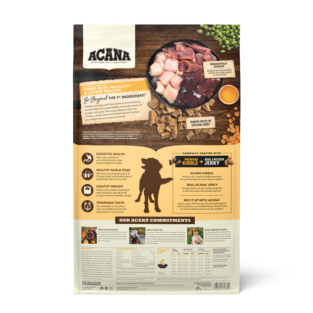 Back of ACANA Butcher’s Favorites Free-Run Poultry & Liver Recipe dog food bag, showing ingredients, feeding information, and recipe benefits.