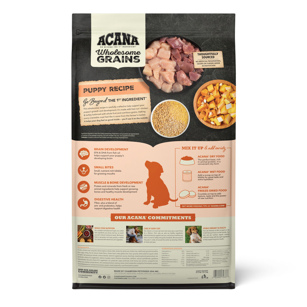 Back of ACANA Wholesome Grains Puppy Recipe dog food bag, showing recipe information, ingredients, and feeding guidance.