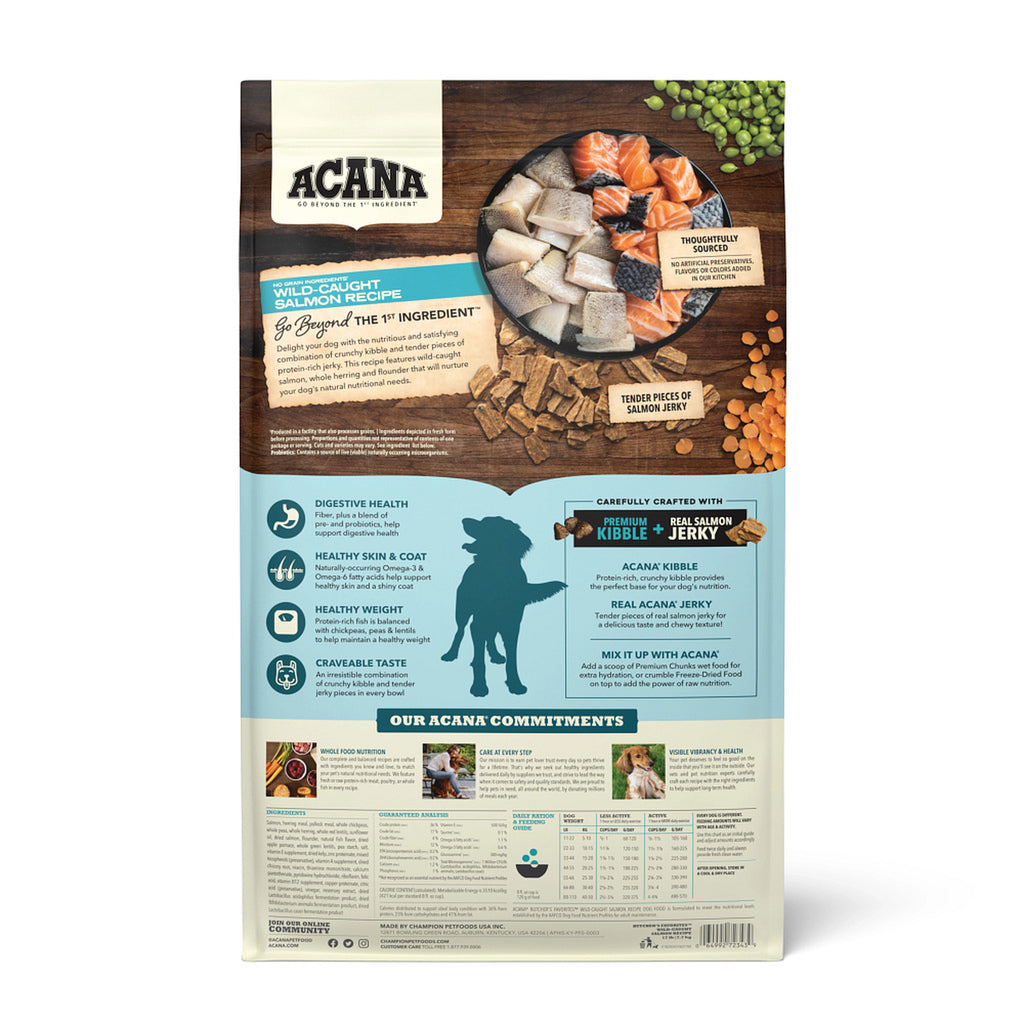Back of ACANA Butcher’s Favorites Wild-Caught Salmon Recipe dog food bag, showing ingredients, feeding information, and recipe benefits.