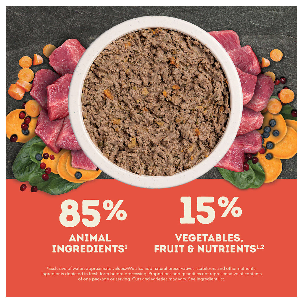 Bowl of ACANA Classics Beef pâté surrounded by beef, fruit, and vegetables; 85% animal ingredients and 15% vegetables, fruit, and nutrients.