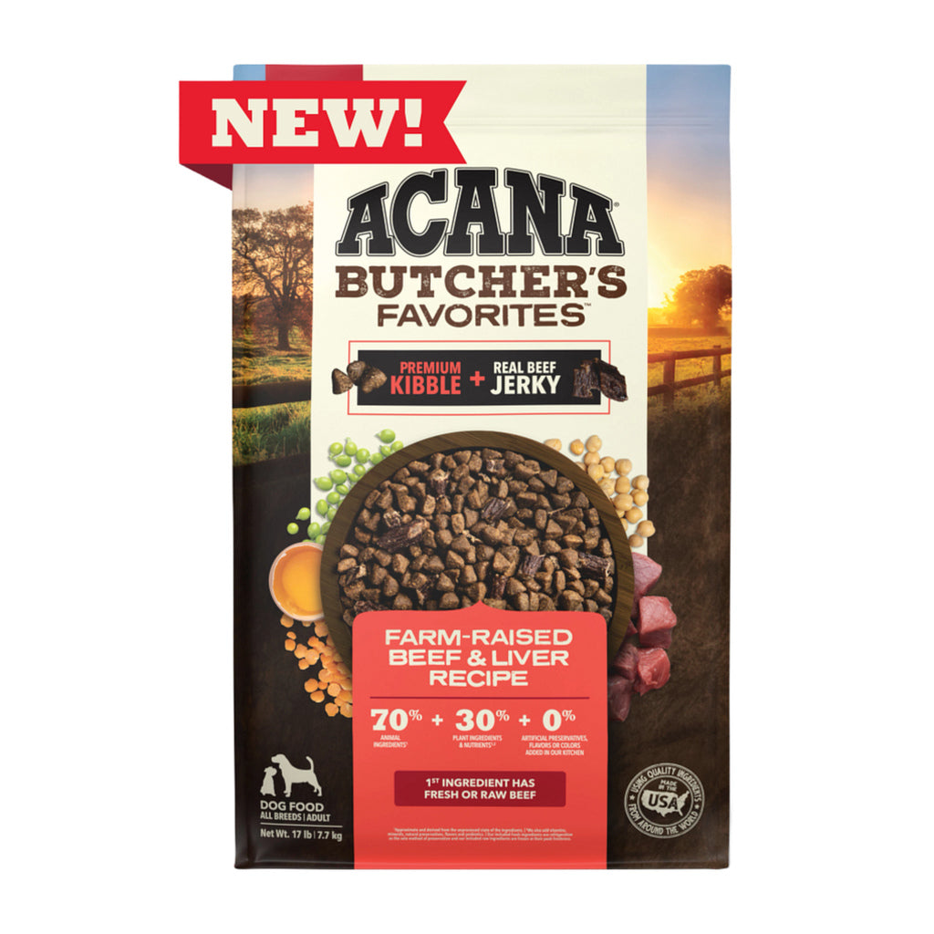 Front of ACANA Butcher’s Favorites Farm-Raised Beef & Liver Recipe dog food bag with a red New banner.