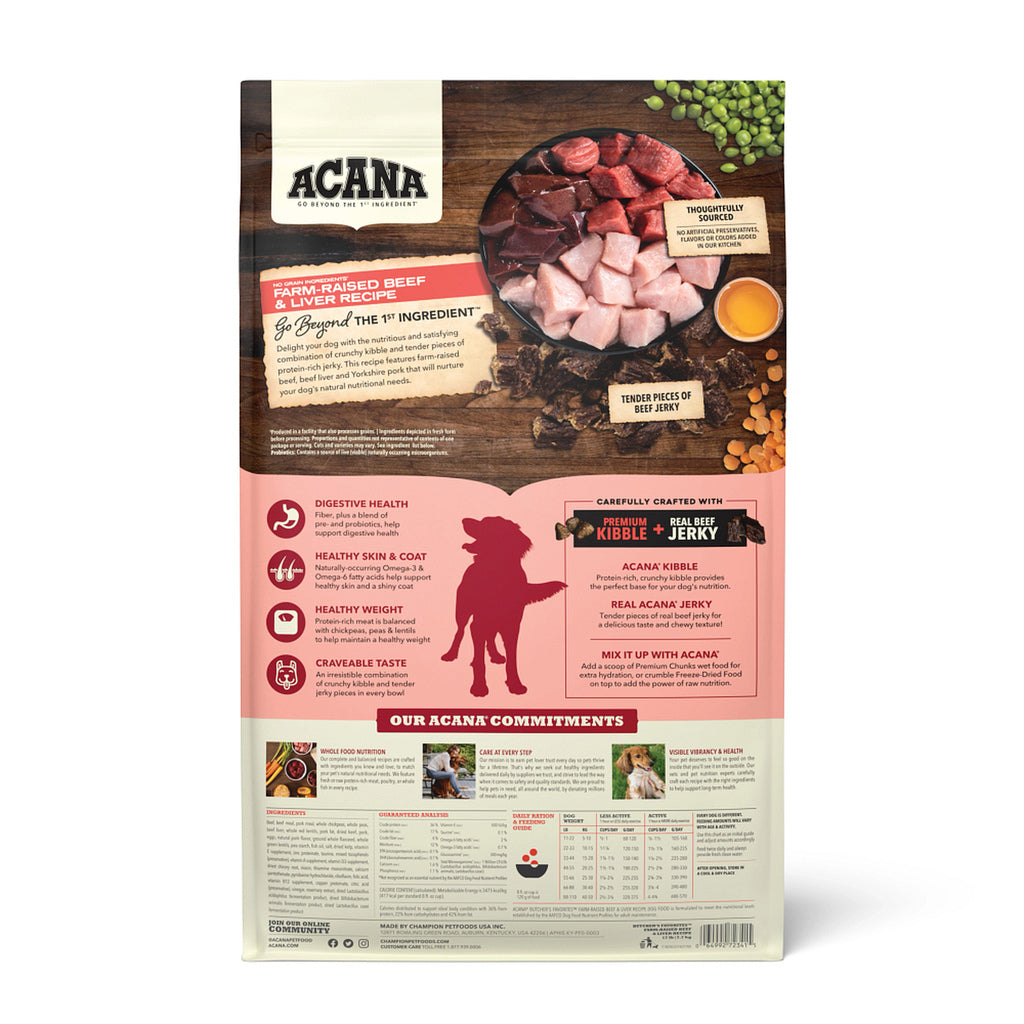Back of ACANA Butcher’s Favorites Farm-Raised Beef & Liver Recipe dog food bag, showing ingredients, feeding information, and recipe benefits.