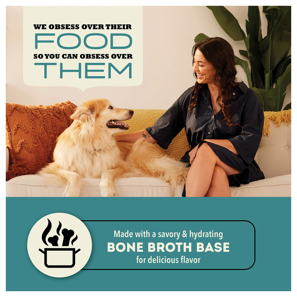Woman petting a golden dog on a sofa; ACANA graphic highlights a savory, hydrating bone broth base in its wet food.